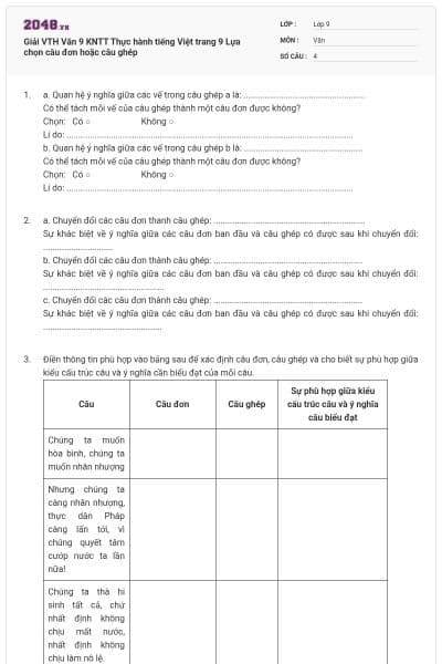 Giải VTH Văn 9 KNTT Thực hành tiếng Việt trang 9 Lựa chọn câu đơn hoặc câu ghép