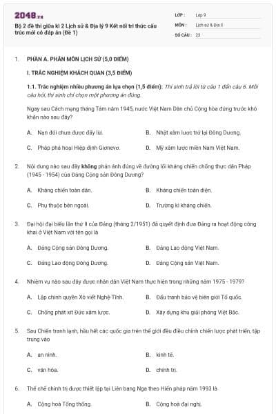 Bộ 2 đề thi giữa kì 2 Lịch sử & Địa lý 9 Kết nối tri thức cấu trúc mới có đáp án (Đề 1)