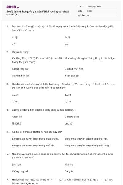 Bộ đề thi thử thpt quốc gia môn Vật Lý cực hay có lời giải chi tiết (P1)