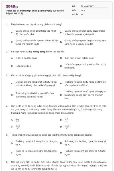 Tuyển tập đề thi thử thpt quốc gia môn Vật lý cực hay có lời giải (Đề số 3)