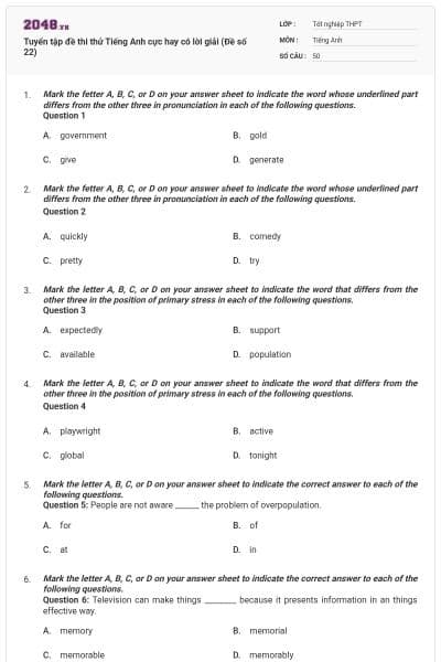 Tuyển tập đề thi thử Tiếng Anh cực hay có lời giải (Đề số 22)