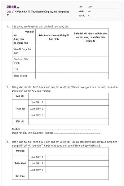 Giải VTH Văn 9 KNTT Thực hành củng cố, mở rộng trang 44