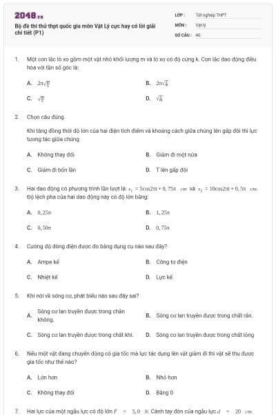 Bộ đề thi thử thpt quốc gia môn Vật Lý cực hay có lời giải chi tiết (P1)