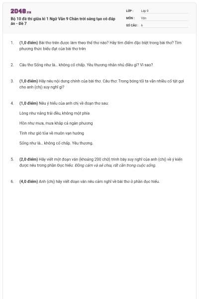 Bộ 10 đề thi giữa kì 1 Ngữ Văn 9 Chân trời sáng tạo có đáp án - Đề 7