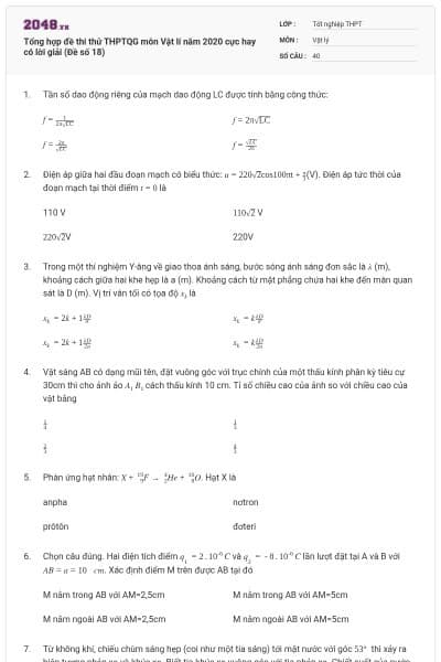 Tổng hợp đề thi thử THPTQG môn Vật lí năm 2020 cực hay có lời giải (Đề số 18)