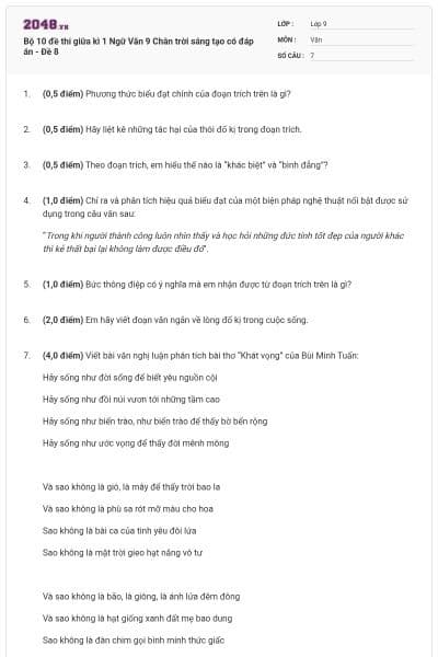 Bộ 10 đề thi giữa kì 1 Ngữ Văn 9 Chân trời sáng tạo có đáp án - Đề 8