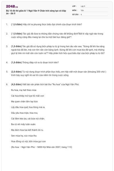 Bộ 10 đề thi giữa kì 1 Ngữ Văn 9 Chân trời sáng tạo có đáp án - Đề 9