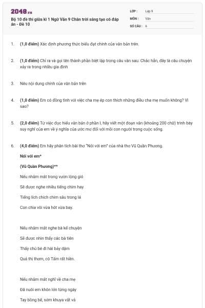 Bộ 10 đề thi giữa kì 1 Ngữ Văn 9 Chân trời sáng tạo có đáp án - Đề 10