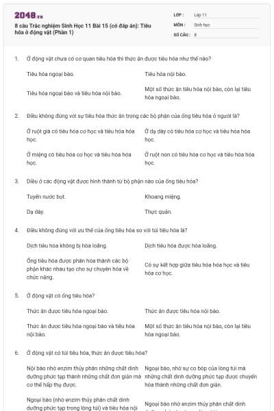 8 câu  Trắc nghiệm Sinh Học 11 Bài 15 (có đáp án): Tiêu hóa ở động vật (Phần 1)