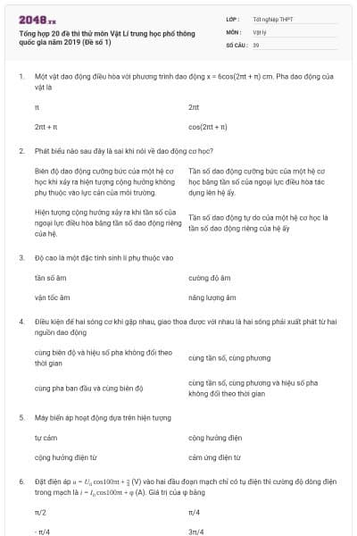 Tổng hợp 20 đề thi thử môn Vật Lí trung học phổ thông quốc gia năm 2019 (Đề số 1)