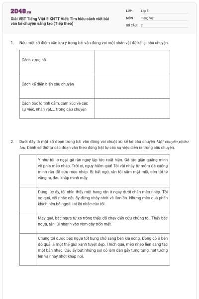 Giải VBT Tiếng Việt 5 KNTT Viết: Tìm hiểu cách viết bài văn kể chuyện sáng tạo (Tiếp theo)