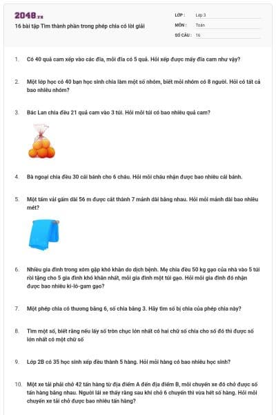 16 bài tập Tìm thành phần trong phép chia có lời giải