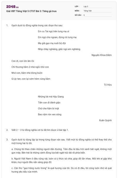 Giải VBT Tiếng Việt 5 CTST Bài 3: Tiếng gà trưa