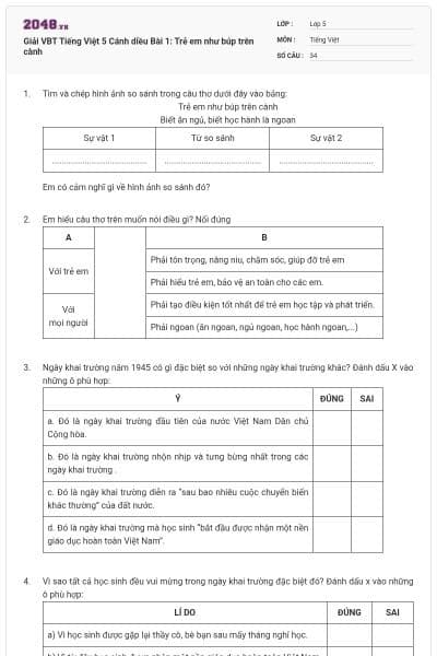 Giải VBT Tiếng Việt 5 Cánh diều Bài 1: Trẻ em như búp trên cành