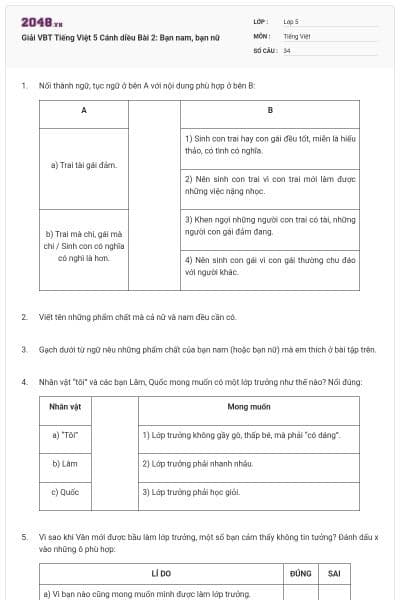 Giải VBT Tiếng Việt 5 Cánh diều Bài 2:  Bạn nam, bạn nữ