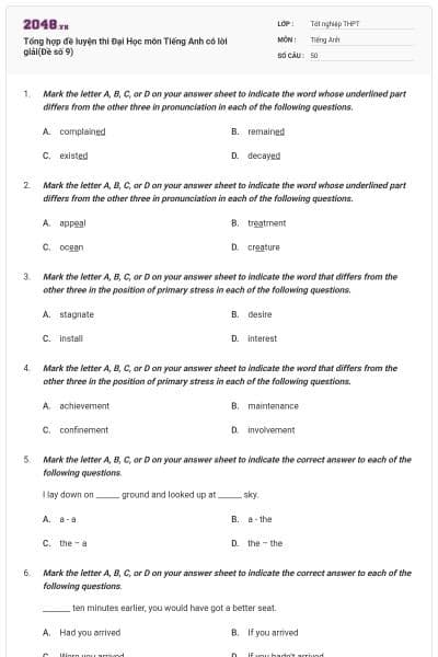 Tổng hợp đề luyện thi Đại Học môn Tiếng Anh có lời giải(Đề số 9)