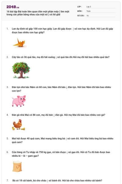 16 bài tập Bài toán liên quan đến một phần mấy ( tìm một trong các phần bằng nhau của một số ) có lời giải