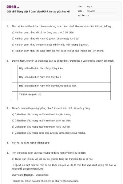 Giải VBT Tiếng Việt 5 Cánh diều Bài 5: ôn tập giữa học kì I