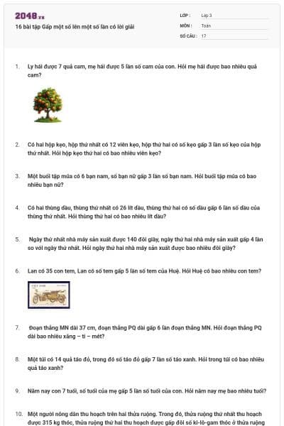 16 bài tập Gấp một số lên một số lần có lời giải