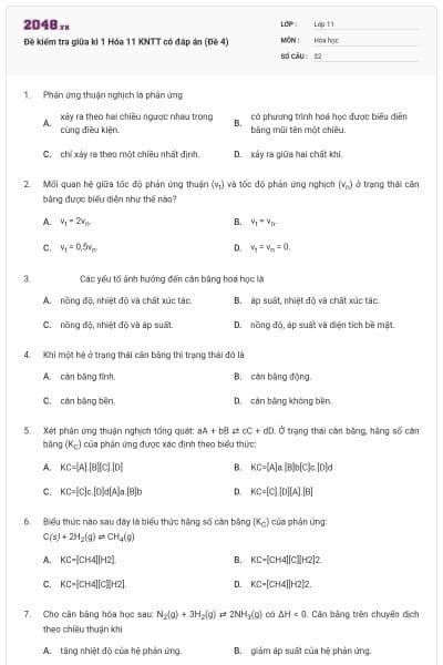 Đề kiểm tra giữa kì 1 Hóa 11 KNTT có đáp án (Đề 4)