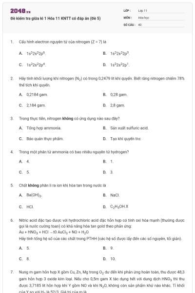 Đề kiểm tra giữa kì 1 Hóa 11 KNTT có đáp án (Đề 5)