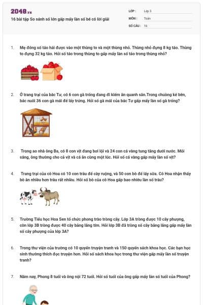 16 bài tập  So sánh số lớn gấp mấy lần số bé có lời giải