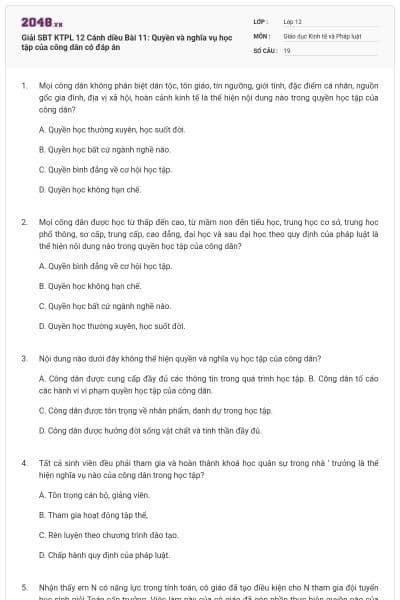 Giải SBT KTPL 12 Cánh diều Bài 11: Quyền và nghĩa vụ học tập của công dân có đáp án