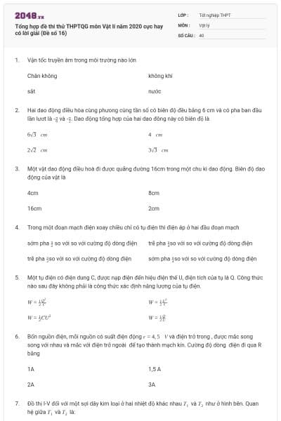 Tổng hợp đề thi thử THPTQG môn Vật lí năm 2020 cực hay có lời giải (Đề số 16)