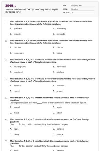 30 đề thi thử đề thi thử THPTQG môn Tiếng Anh có lời giải chi tiết (Đề số 13)