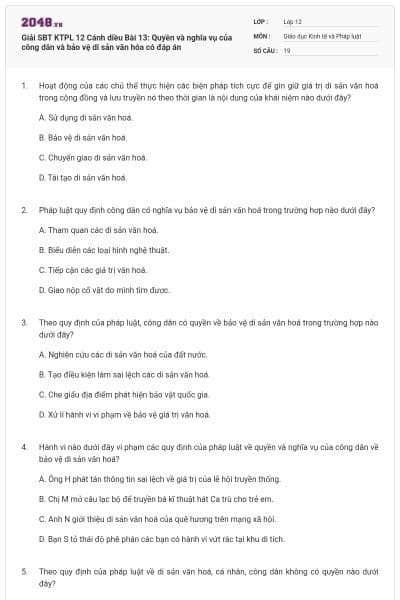 Giải SBT KTPL 12 Cánh diều Bài 13: Quyền và nghĩa vụ của công dân và bảo vệ di sản văn hóa có đáp án