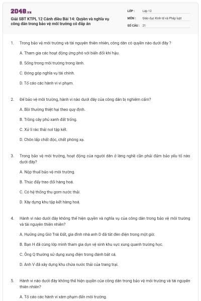 Giải SBT KTPL 12 Cánh diều Bài 14: Quyền và nghĩa vụ công dân trong bảo vệ môi trường có đáp án