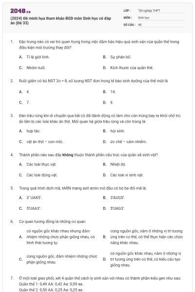 (2024) Đề minh họa tham khảo BGD môn Sinh học có đáp án (Đề 33)