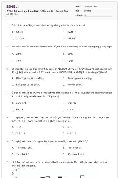 (2024) Đề minh họa tham khảo BGD môn Sinh học có đáp án (Đề 34)