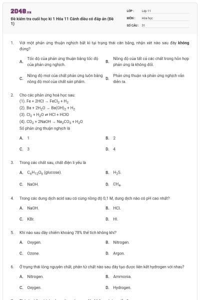 Đề kiểm tra cuối học kì 1 Hóa 11 Cánh diều có đáp án (Đề 1)