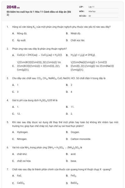 Đề kiểm tra cuối học kì 1 Hóa 11 Cánh diều có đáp án (Đề 2)