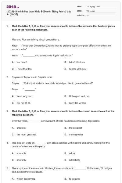 (2024) Đề minh họa tham khảo BGD môn Tiếng Anh có đáp án (Đề 35)