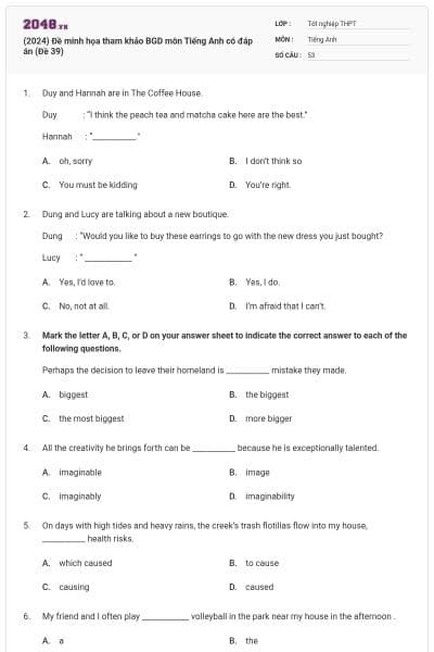 (2024) Đề minh họa tham khảo BGD môn Tiếng Anh có đáp án (Đề 39)