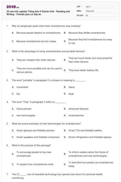 20 câu trắc nghiệm Tiếng Anh 9 Starter Unit - Reading and Writing - Friends plus có đáp án