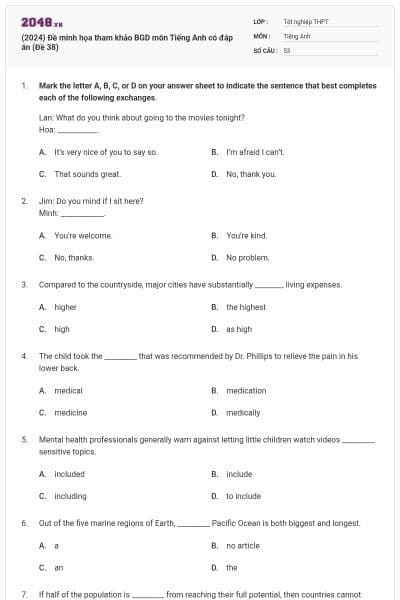 (2024) Đề minh họa tham khảo BGD môn Tiếng Anh có đáp án (Đề 38)