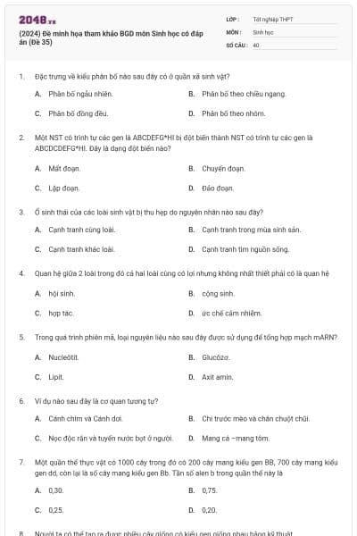 (2024) Đề minh họa tham khảo BGD môn Sinh học có đáp án (Đề 35)
