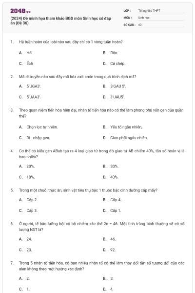 (2024) Đề minh họa tham khảo BGD môn Sinh học có đáp án (Đề 36)