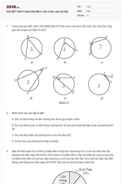 Giải SBT Toán 9 Cánh Diều Bài 4. Góc ở tâm, góc nội tiếp