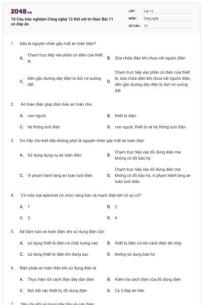 10 Câu trắc nghiệm Công nghệ 12 Kết nối tri thức Bài 11 có đáp án
