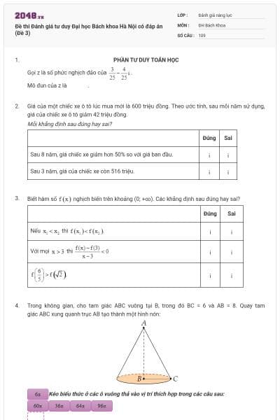 Đề thi Đánh giá tư duy Đại học Bách khoa Hà Nội có đáp án (Đề 3)