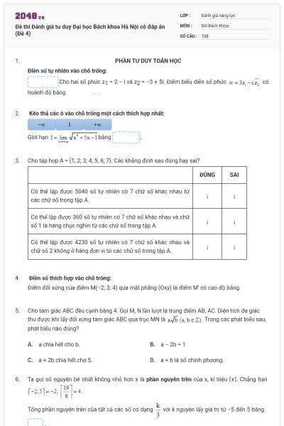 Đề thi Đánh giá tư duy Đại học Bách khoa Hà Nội có đáp án (Đề 4)
