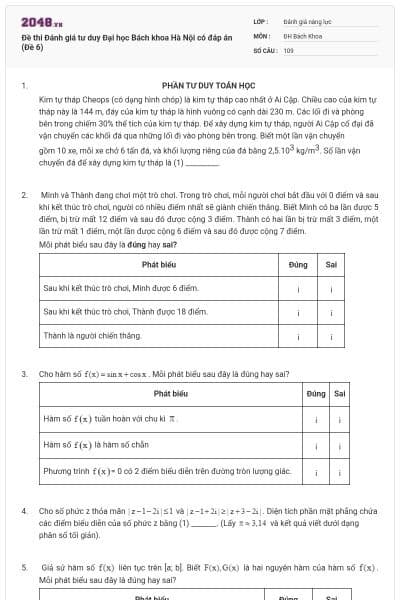 Đề thi Đánh giá tư duy Đại học Bách khoa Hà Nội có đáp án (Đề 6)