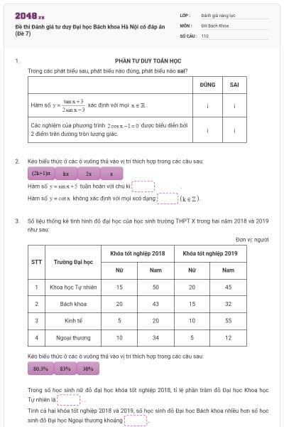 Đề thi Đánh giá tư duy Đại học Bách khoa Hà Nội có đáp án (Đề 7)