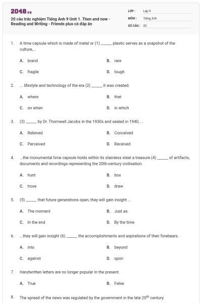 20 câu trắc nghiệm Tiếng Anh 9 Unit 1. Then and now - Reading and Writing - Friends plus có đáp án