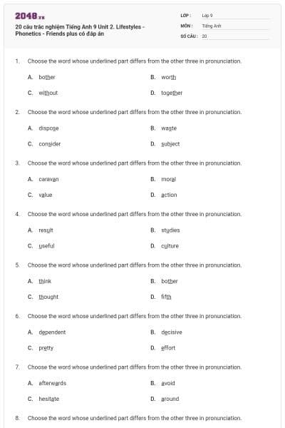 20 câu trắc nghiệm Tiếng Anh 9 Unit 2. Lifestyles - Phonetics - Friends plus có đáp án