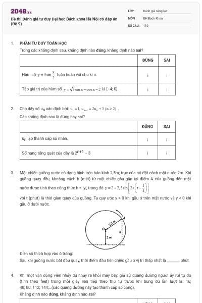 Đề thi Đánh giá tư duy Đại học Bách khoa Hà Nội có đáp án (Đề 9)